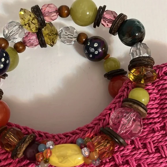 Cappelli Mini Handbag Purse Hot Pink Beaded Handle Woven Straw Summer Fun Small - Picture 8 of 16